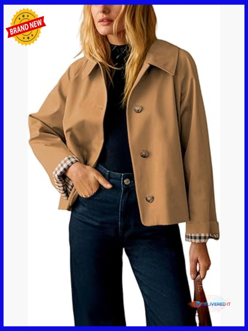 Oversized Trench Coat with Plaid Lining Casual Crop Jacket Pockets